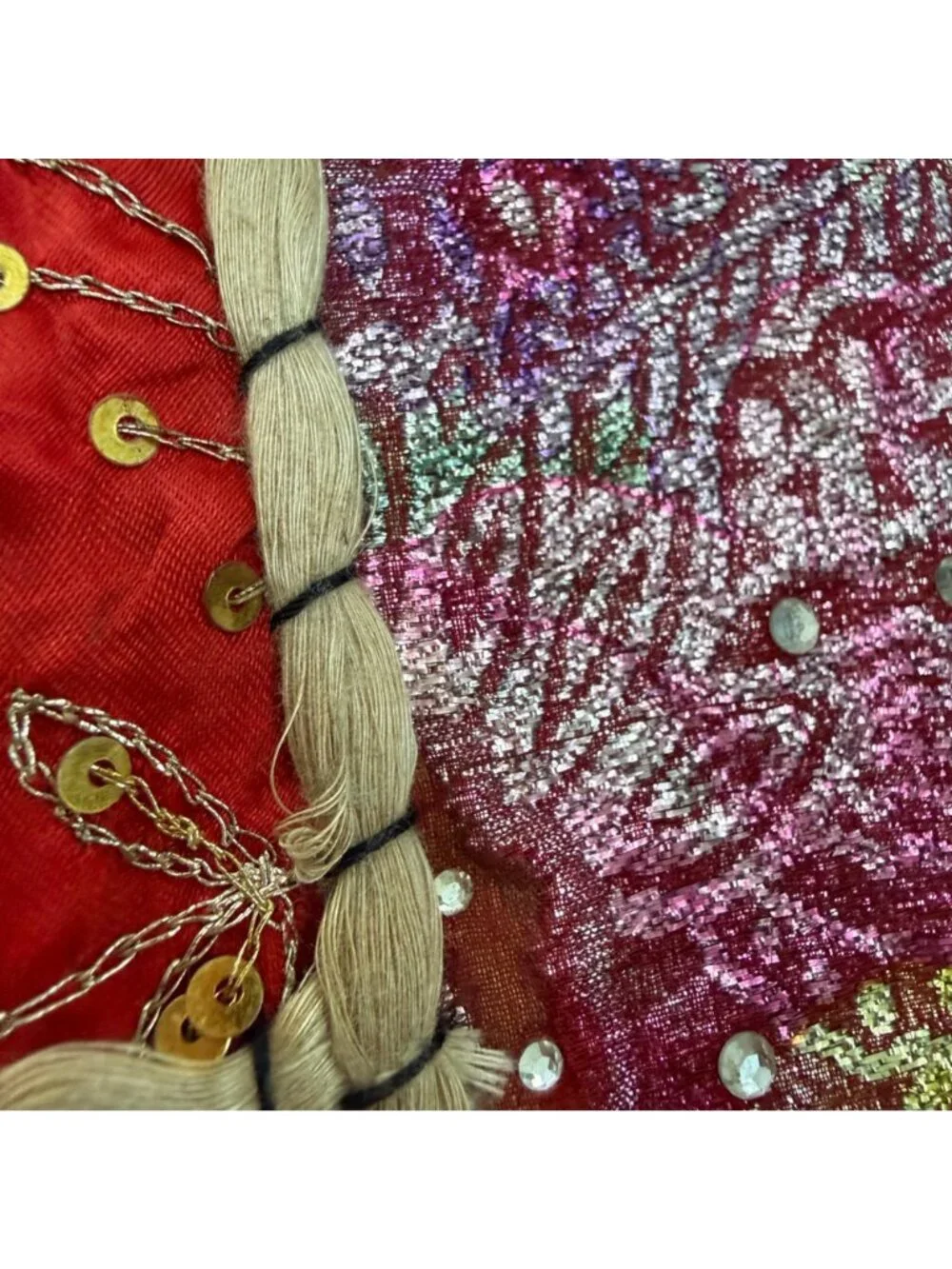 Vintage Handmade Red Patchwork Tapestry Wall Hanging Embroidered Sequins Boho